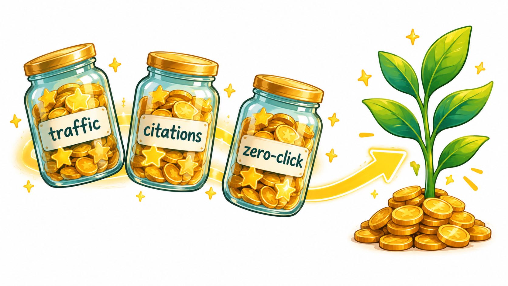 Three glass jars filled with gold coins labeled traffic, citations, and zero-click, fueling a growing plant.