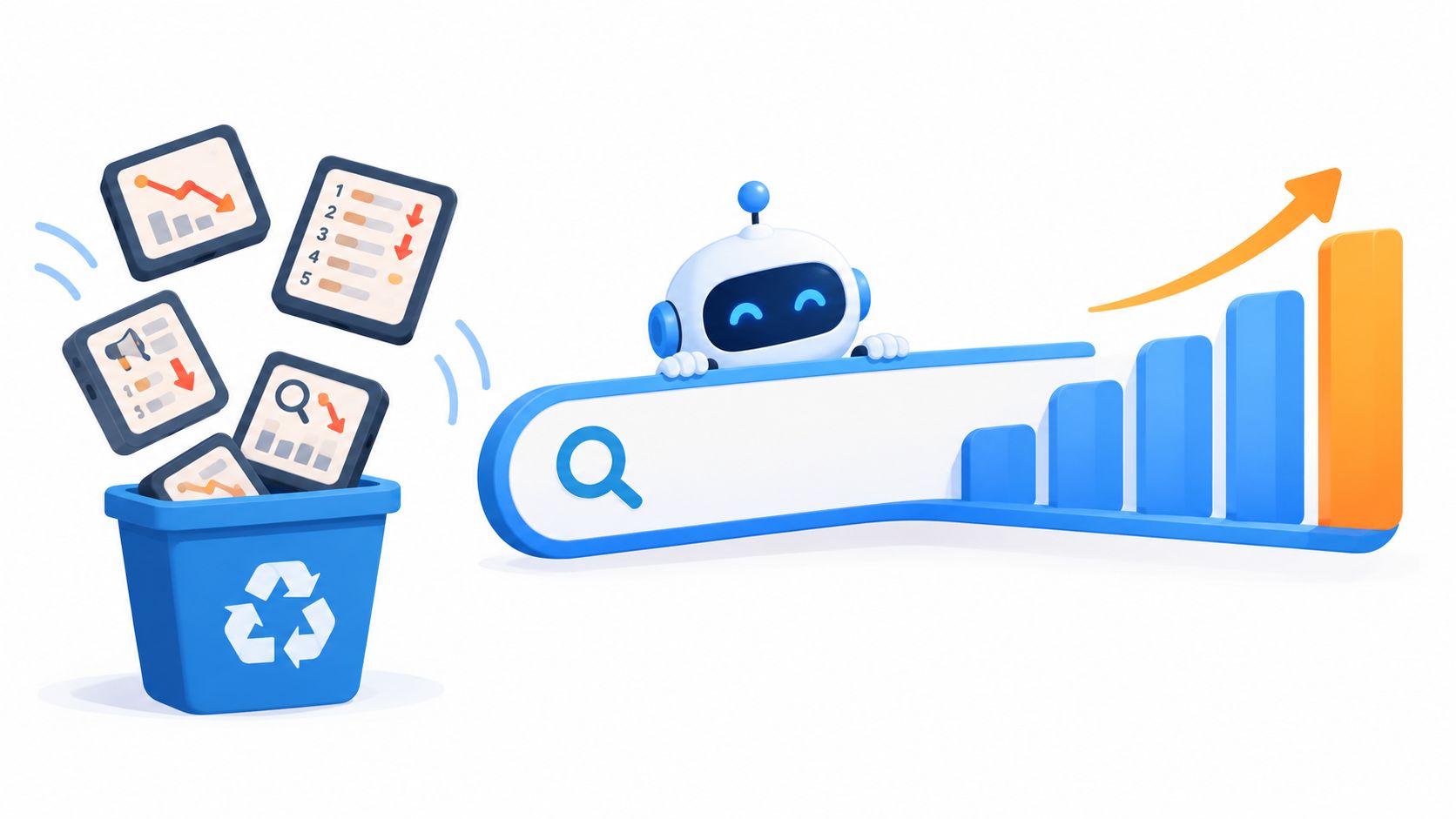 A 3D character robot optimizing SEO results by discarding old analytics data into a recycling bin.