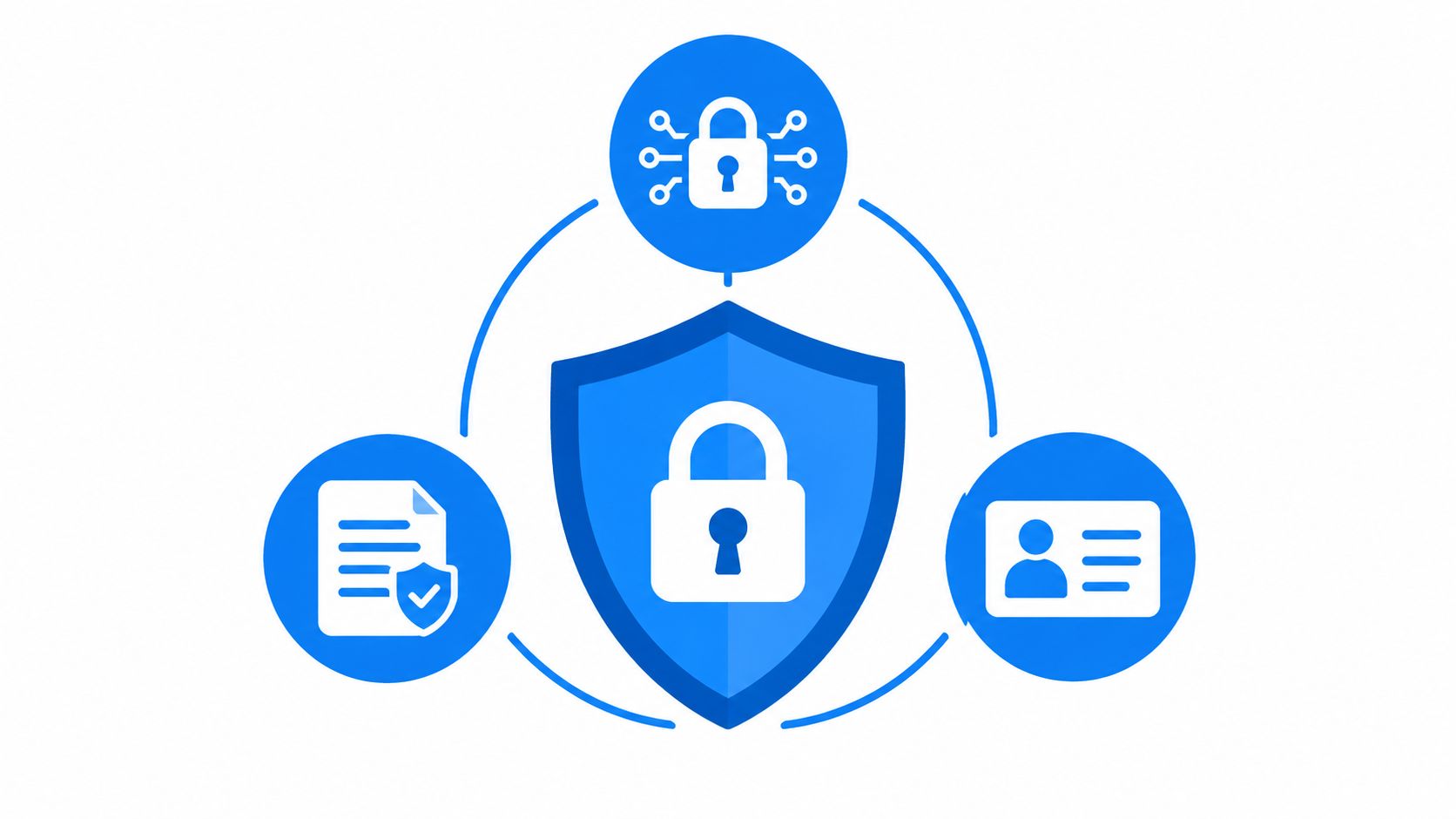 Medical Virtual Assistant Services: A Practical Guide 3 A digital illustration featuring a shield with a padlock icon, surrounded by document and identity security symbols.